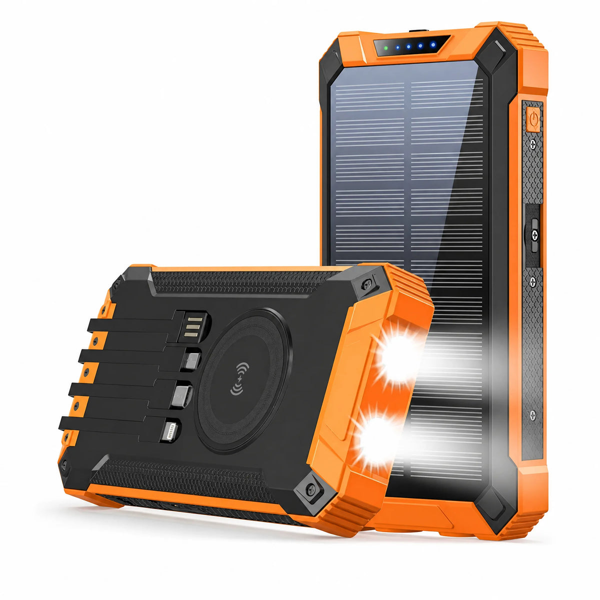 SUNDRAW S1 solar power bank, 20,000mAh cell with four built-in cables and wireless pad