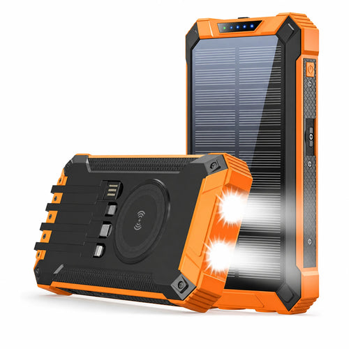 SUNDRAW S1 solar power bank, 20,000mAh cell with four built-in cables and wireless pad