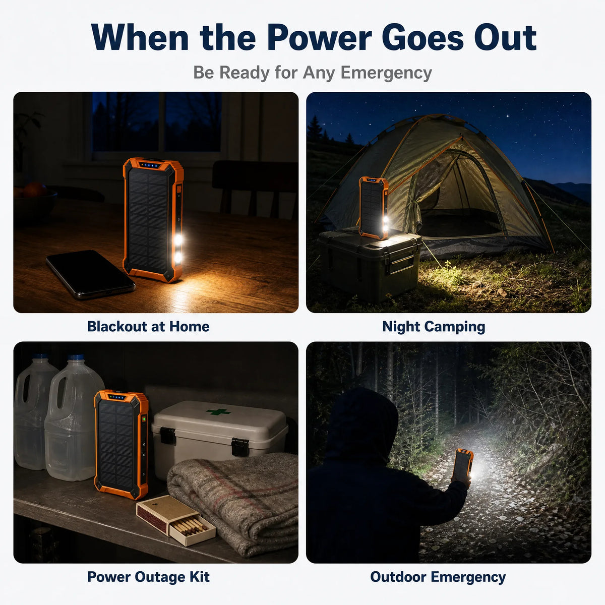 Emergency scenes where the SUNDRAW S1 is working: blackout, camping, outage kit, outdoor