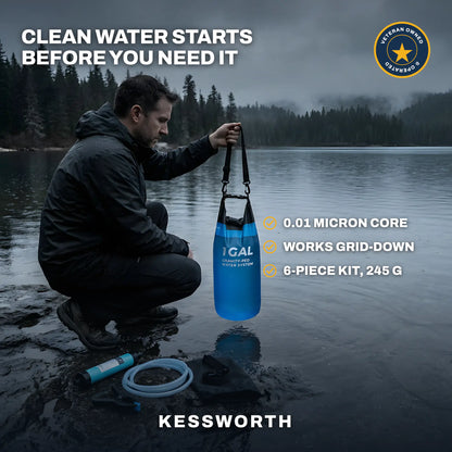 CLEARDRAW G1 gravity water filter being filled from a lake on an overcast day