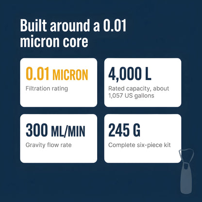 0.01 micron rating, 4000 L capacity, 300 ml per minute flow, 245 g kit weight