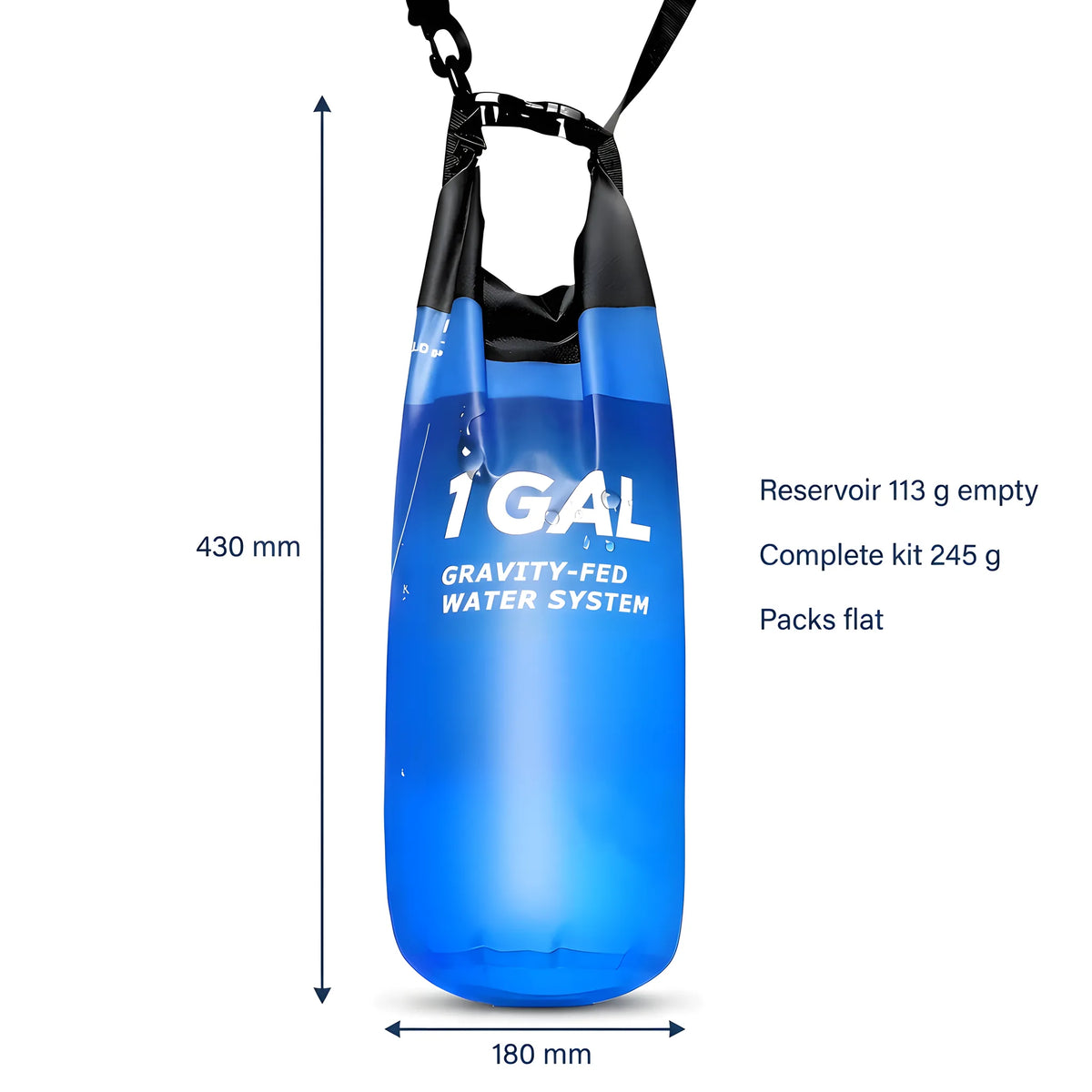 CLEARDRAW G1 reservoir dimensions 430 by 180 mm, 113 g empty, 245 g complete kit