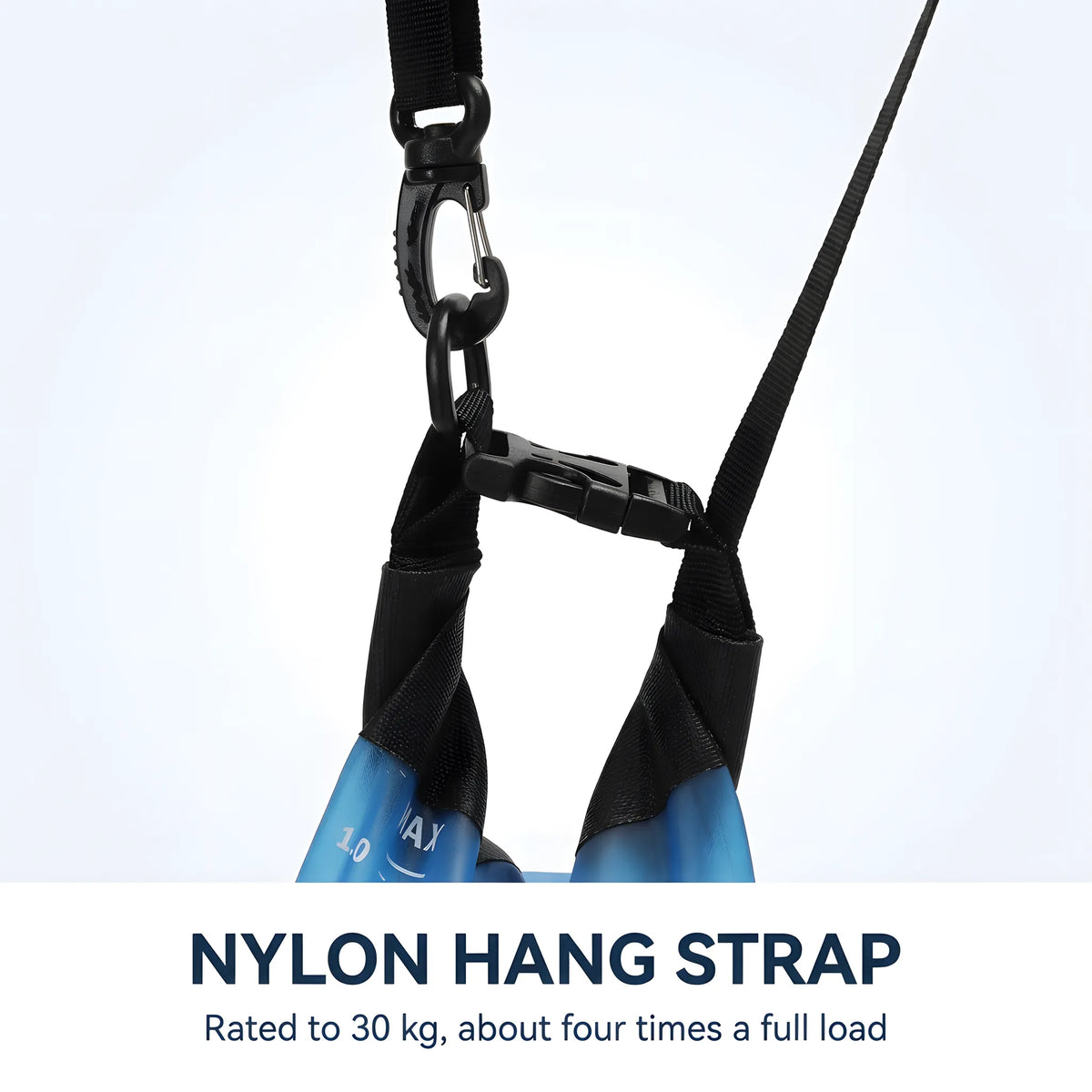 Nylon hang strap with clip and side-release buckle, rated to 30 kg