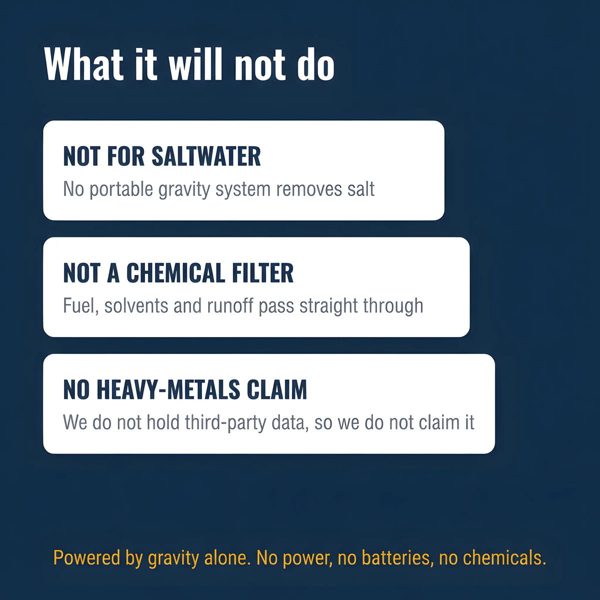 Honest limits: not for saltwater, not a chemical filter, no heavy-metals claim