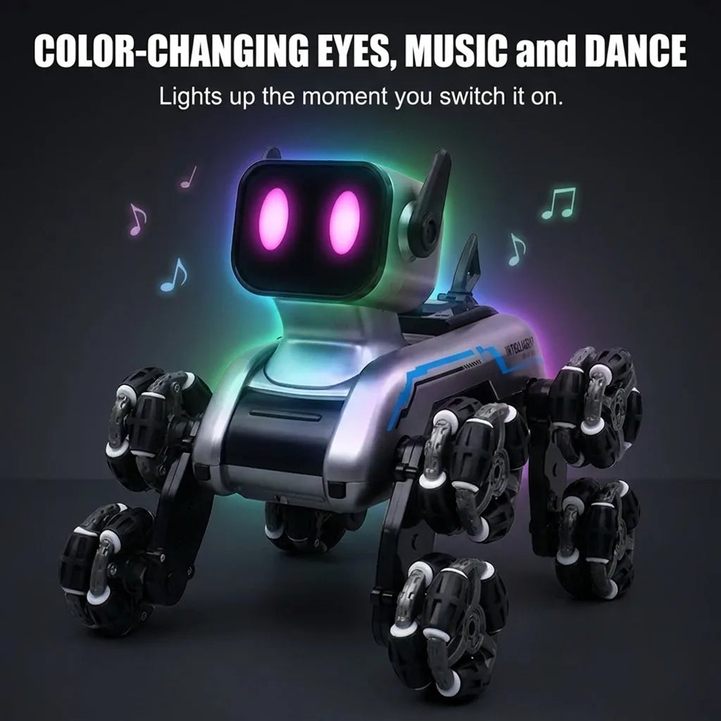 Chien robot aux yeux lumineux qui changent de couleur, musique et danse dans le noir