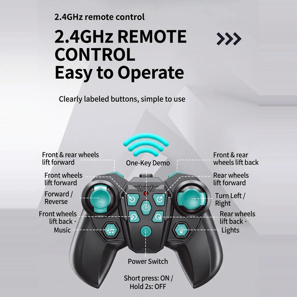 Plan des boutons de la télécommande 2,4 GHz - conduite, virage, levée des roues, musique, lumières, démo une touche