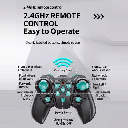 Plan des boutons de la télécommande 2,4 GHz - conduite, virage, levée des roues, musique, lumières, démo une touche