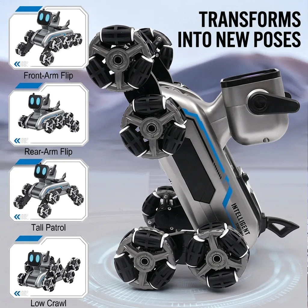 Le chien robot se transforme en différentes poses - flip sur les bras avant, flip sur les bras arrière, posture de patrouille debout, reptation basse