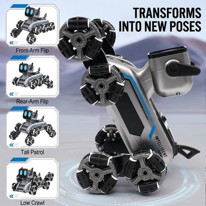 Le chien robot se transforme en différentes poses - flip sur les bras avant, flip sur les bras arrière, posture de patrouille debout, reptation basse