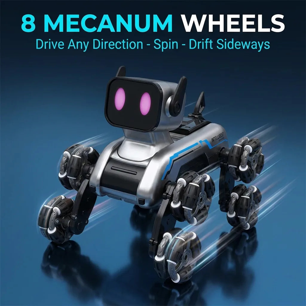 Chien robot qui drifte sur 8 roues Mecanum - roule dans toutes les directions, tourne, drifte en latéral
