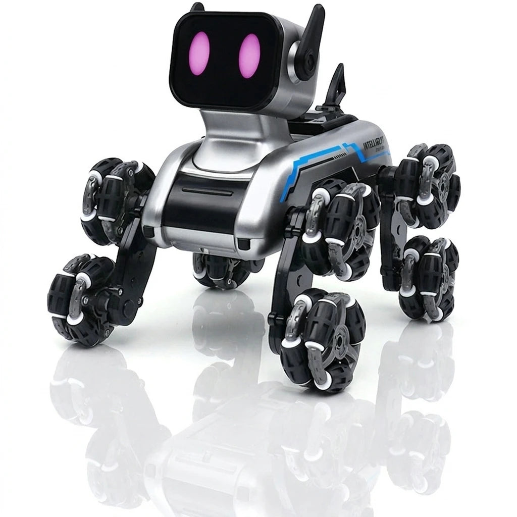 Chien robot cascadeur transformable argent et bleu, à 8 roues Mecanum et yeux lumineux