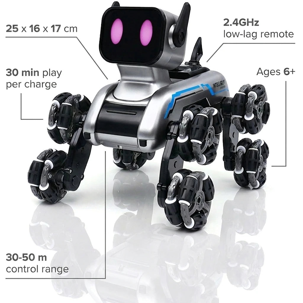 Caractéristiques du chien robot - 25x16x17cm, 30 min de jeu, portée 30-50m, 2,4GHz, dès 6 ans
