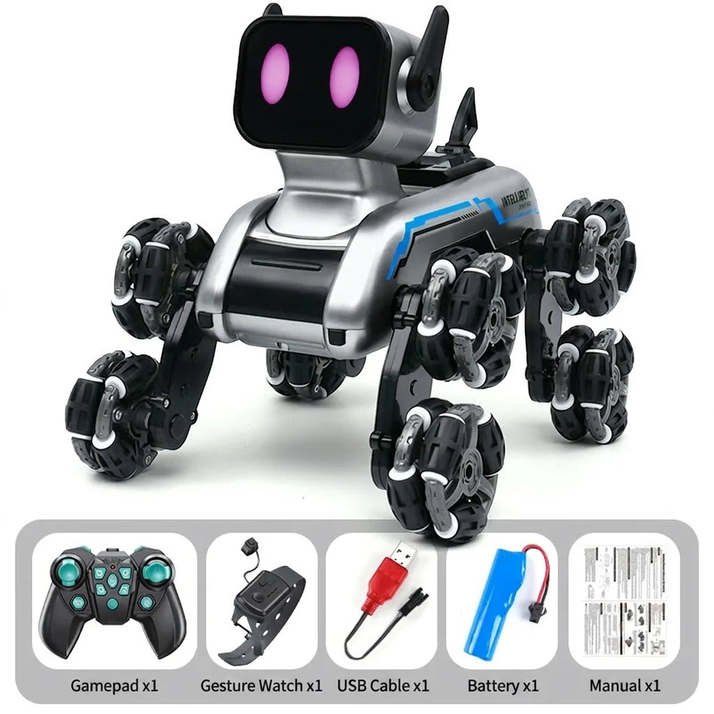 Contenu de la boîte - chien robot, manette, montre gestuelle, câble USB, batterie, manuel